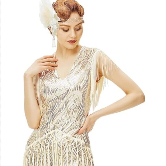 BABEYOND Women's Flapper 1920s VNeck Beaded Fringed. - Picture 1 of 13
